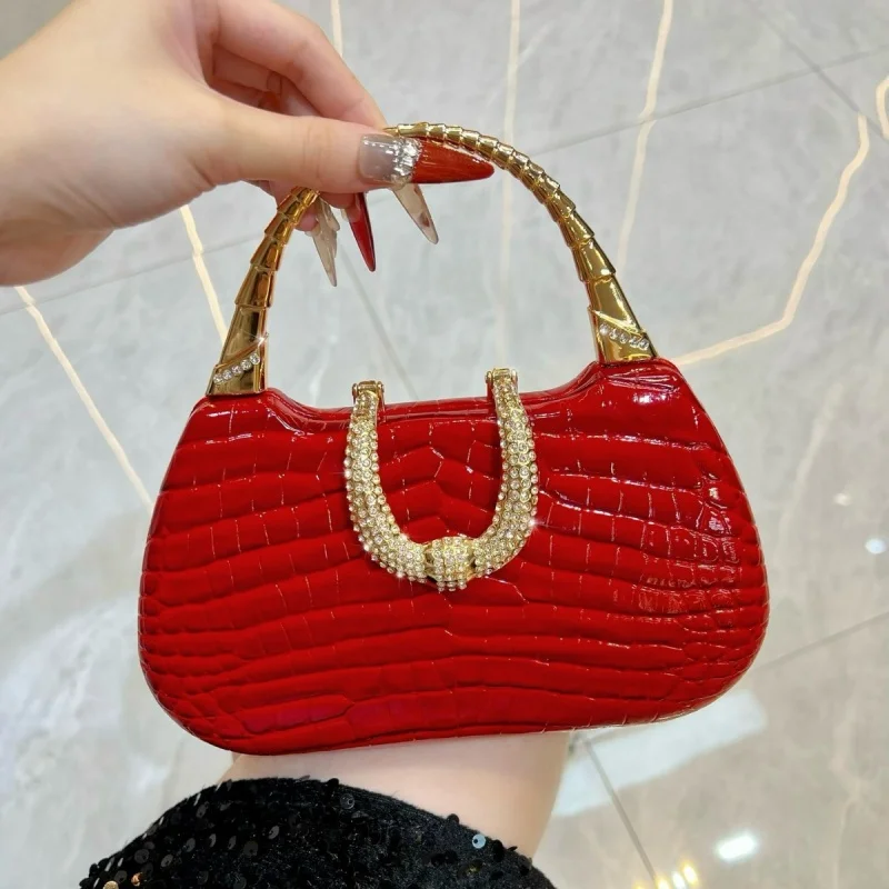 

Luxury Alligator Pattern Women's Party Dress Evening Bag Ladies Vintage PU Leather Handbag Mini Glitter Diamonds Portable Purse