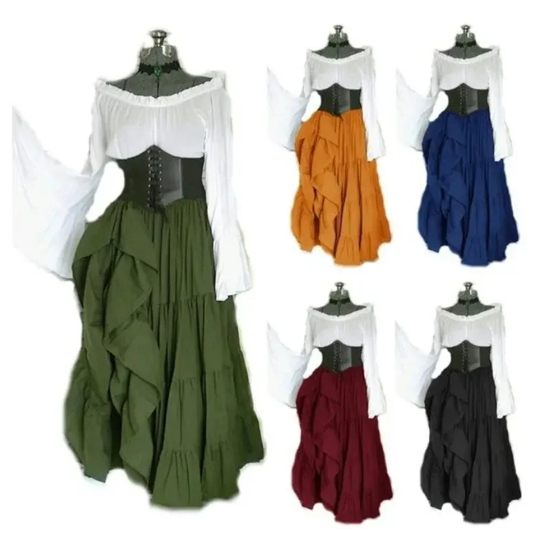 

New Party Long Sleeved Dress Female Renaissance Medieval Costumes Women Waist Dress Halloween Cosplay Costume Women's Dress