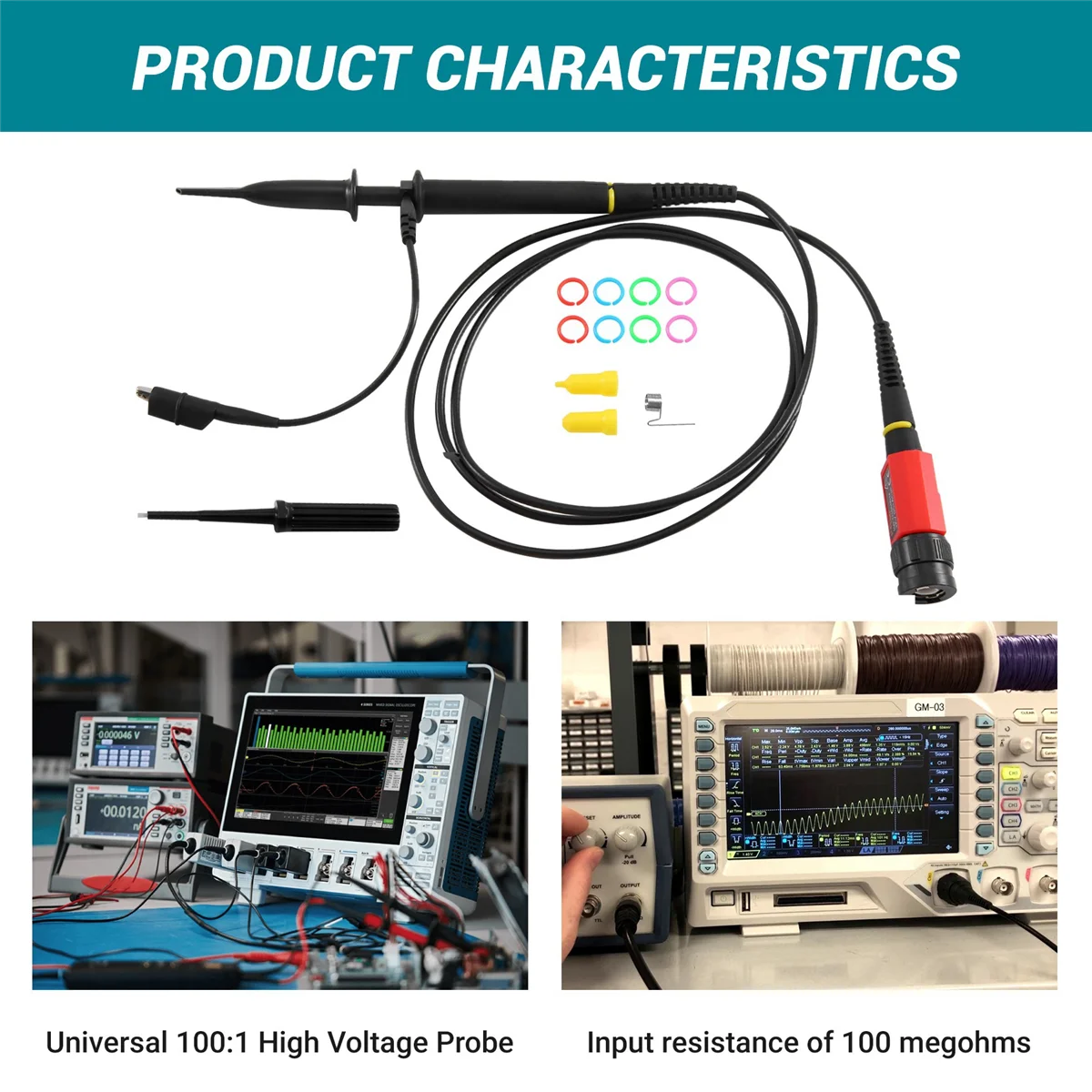 Sonde haute tension universelle pour oscilloscopes, P4100, 100:1, Rigol Atten Owon Siglent