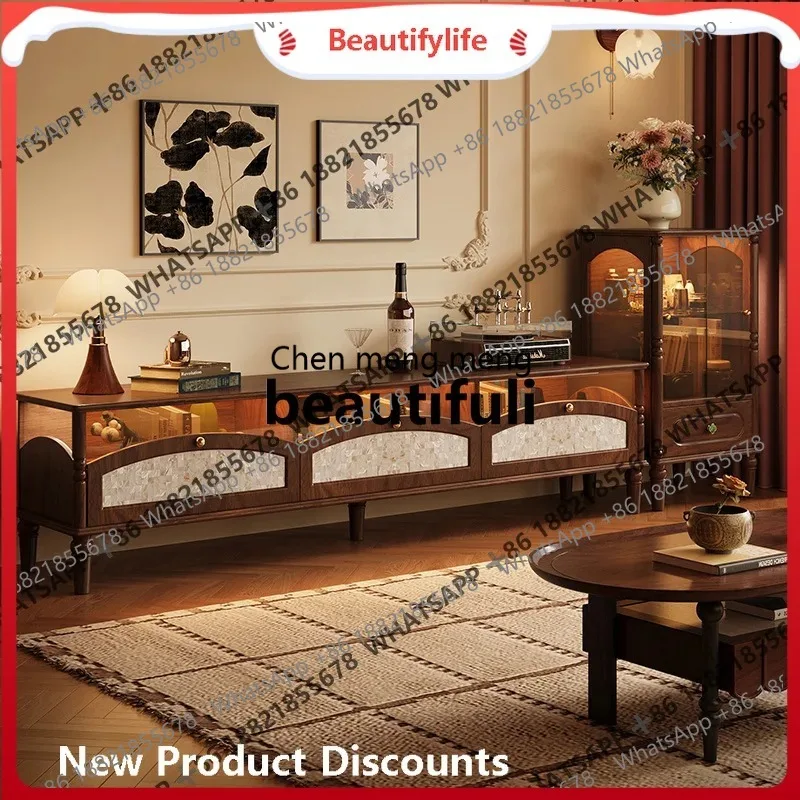 Retro solid wood TV cabinet coffee table combination, living room home storage locker integration