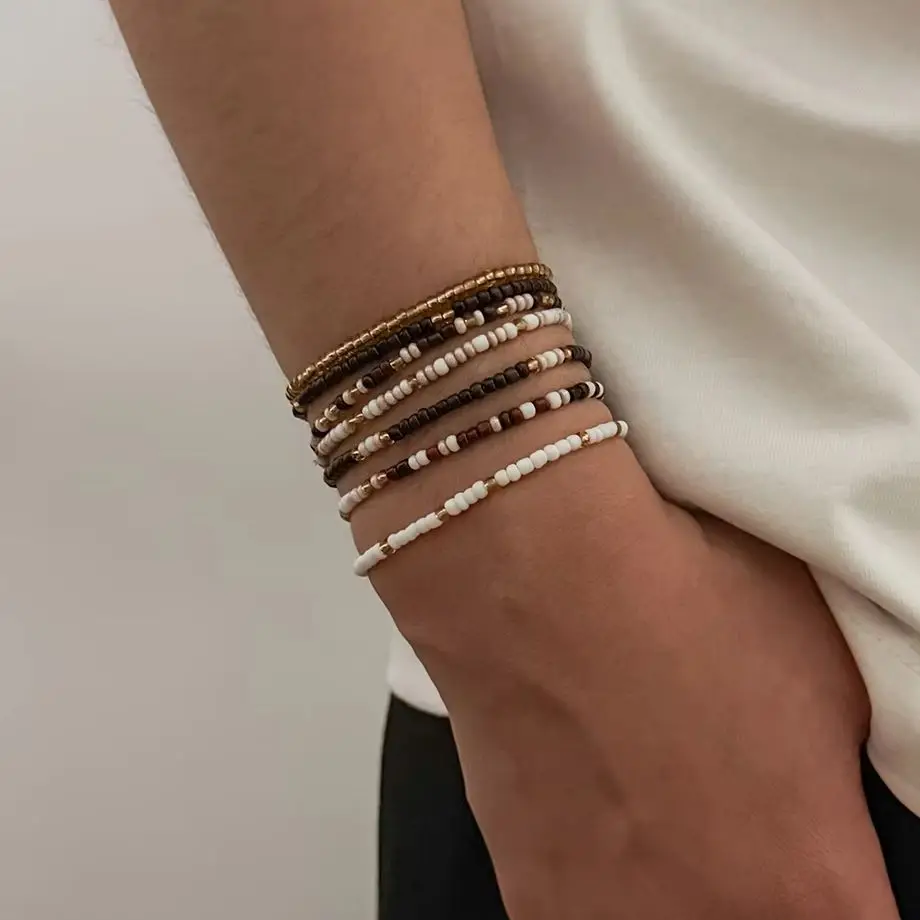 Ingemark 7Pcs/Set Classic Trendy Geometry Rice Beads Bracelets for Men Retro Creative Resilient Hand Chain Party Couple Jewelry