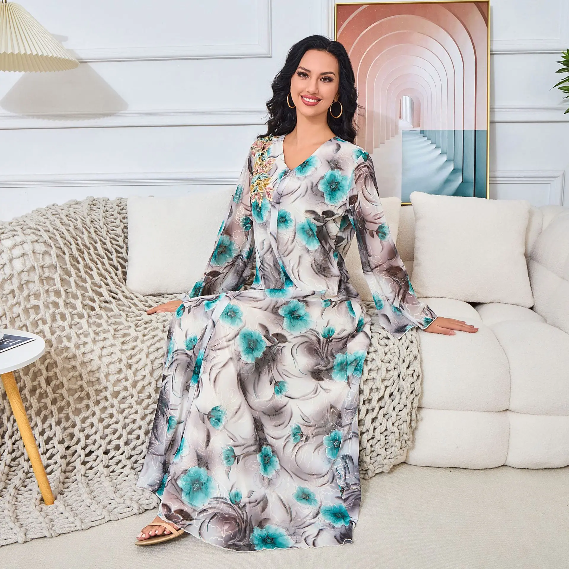 ドバイファッション花柄ビーズドレスアラビアンイブニングドレス2025秋冬新作レディース服