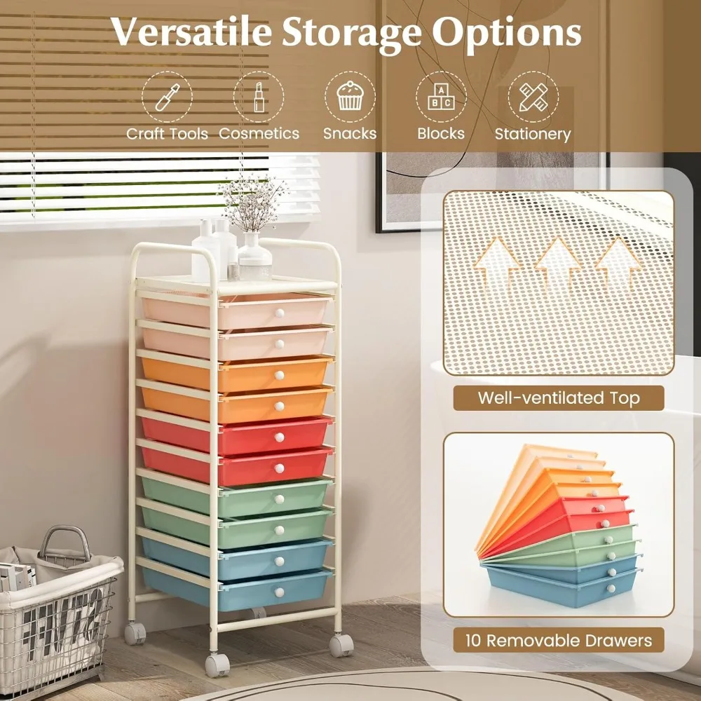 Rollwagen mit 10 Schubladen, abnehmbaren Schubladen, Stahlrahmen und Universalrollen für Dienstprogramm und Organisation