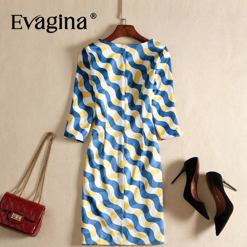 Evagina Fashion design Spring Summer Women's O-Neck Three Quarter Sleeve Striped Printing Slim-Fit Hip Wrap Mini Dresses