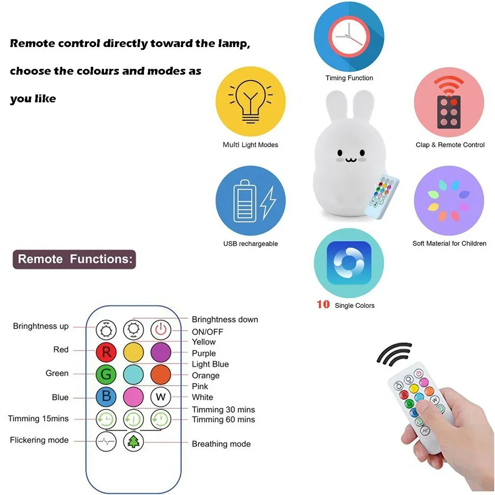 Baby Led Night Light Silicone Rabbit Nursery Lamp 9 Colors Usb Rechargeable Sensor Tap Remote Control Night Lamps For Children