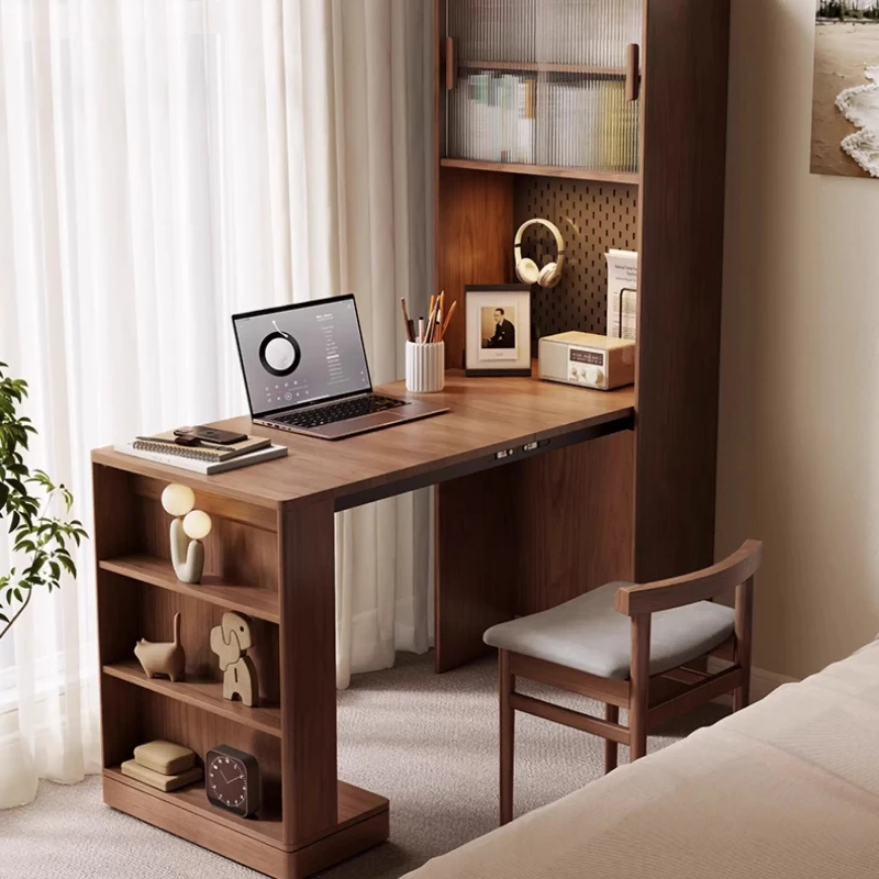 Folding desk bookcase integrated, solid wood corner home study table, small apartment study office 6