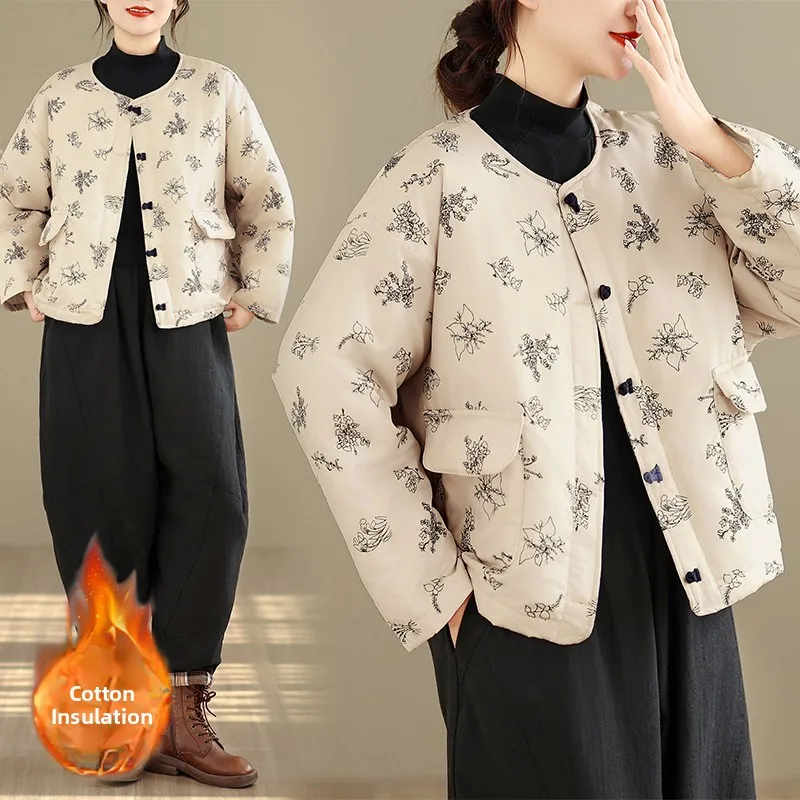 

Retro Thiened Sand-waed Linen Cotton Jaet Women's Button round Ne ort Coat Warm Floral Print Long Sve Winter Out...
