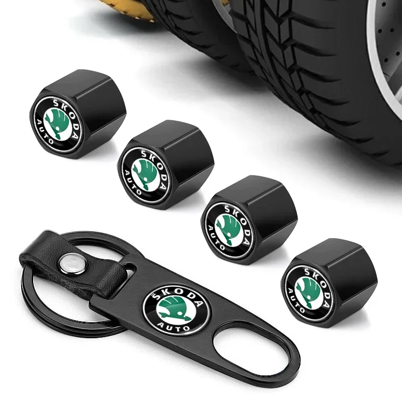 Car Wheel Tire Valve Stems Cap With Keychain Keyring Badge For Skoda A2 Octavia Superb Rapid Kodiaq Karoq Fabia Kamiq Roomster