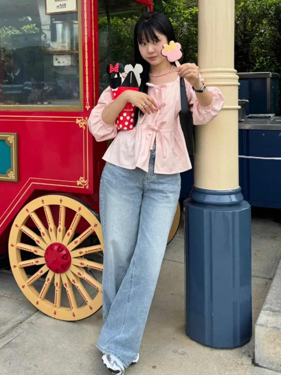 Chic Autumnal da donna lungo Sve irt con papillon colletto quadrato vestibilità ampia versatile finiture in pizzo con cintura design faionable