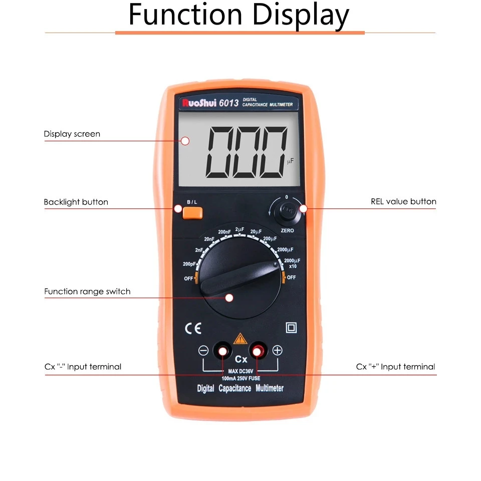 RuoShui6013 Digital Capacitance Meter High Precision Handheld Capacitor Tester Auto Tool 200pF-20000uF Inductance LCR Multimeter