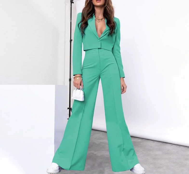 Two Piece Set Women Outfit 2023 Autumn Fashion Solid Notched Collar Long Sleeve Crop Blazer & High Waist Wide Leg Pants Suit