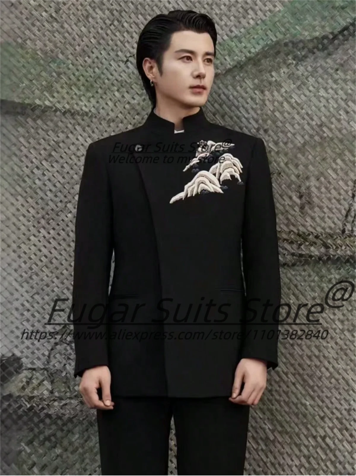 

Luxuly Black Chinese style Groom Party Tuxedos Customized Fashion Embroidery Stand Collar2Pcs Sets Male Prom Blazers Ropa Hombre