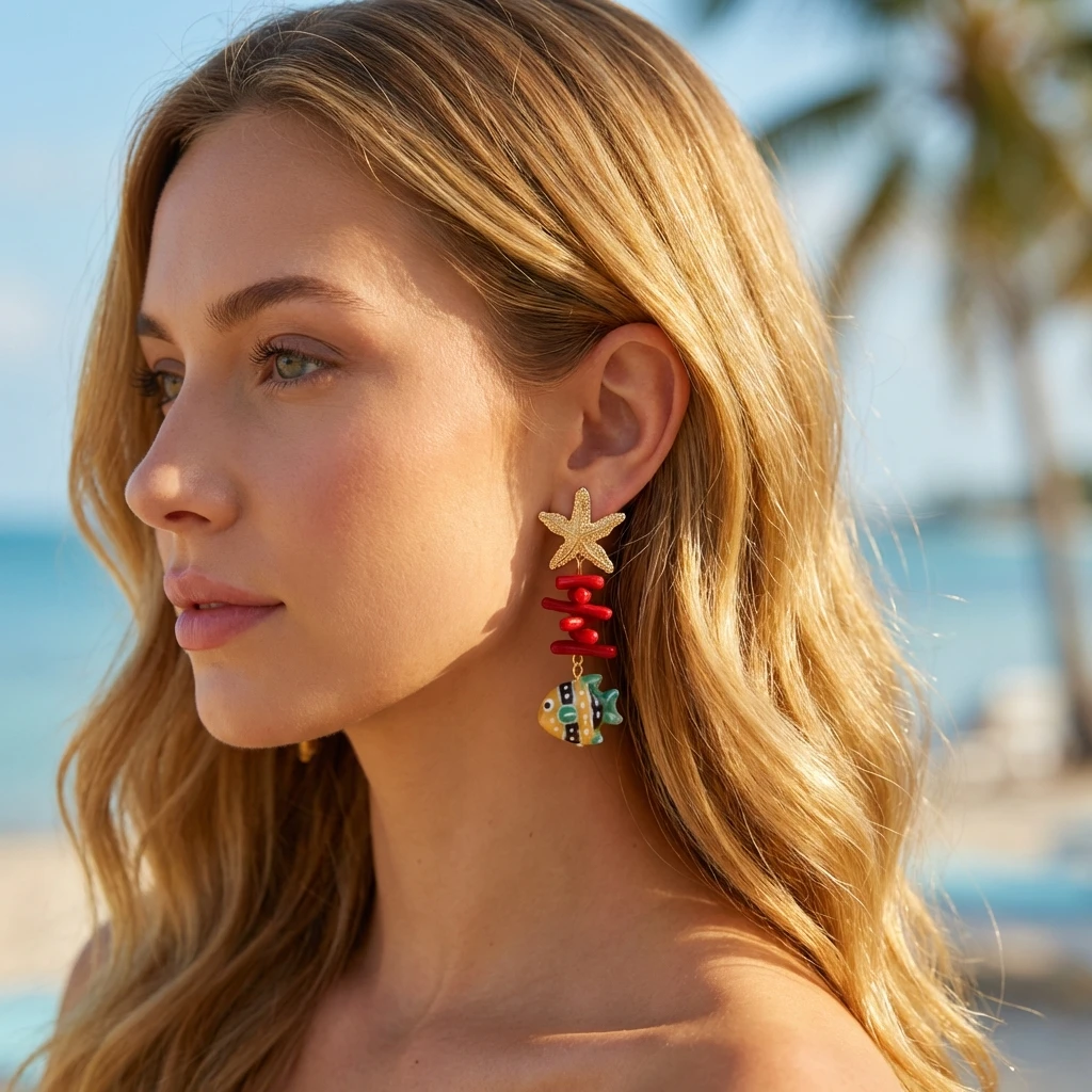 2026 Ceramic Cartoon Clownfish Drop Earrings for Women Unique Red Coral Starfish Conch Earrings Summer Travel Jewelry Gifts