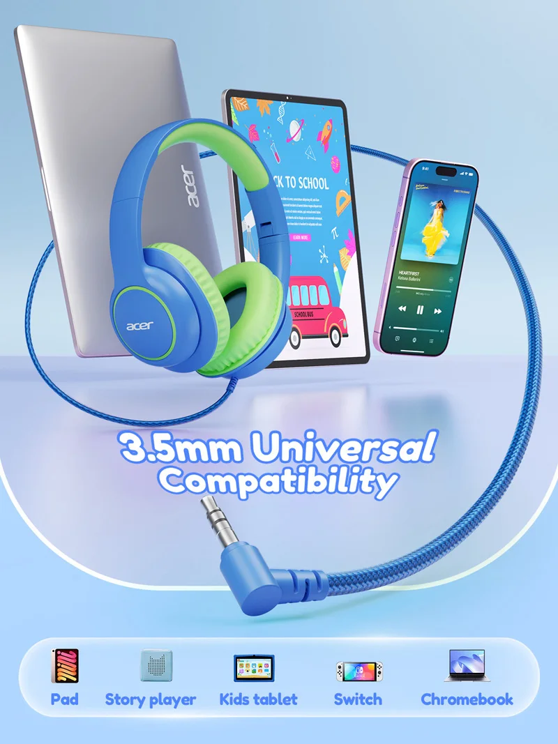 New Acer Kids Wired Headphones Over Ear Design 85/94dB Safe Volume Limit 3.5mm Jack Foldable Headphones for Toddler Boys Girls