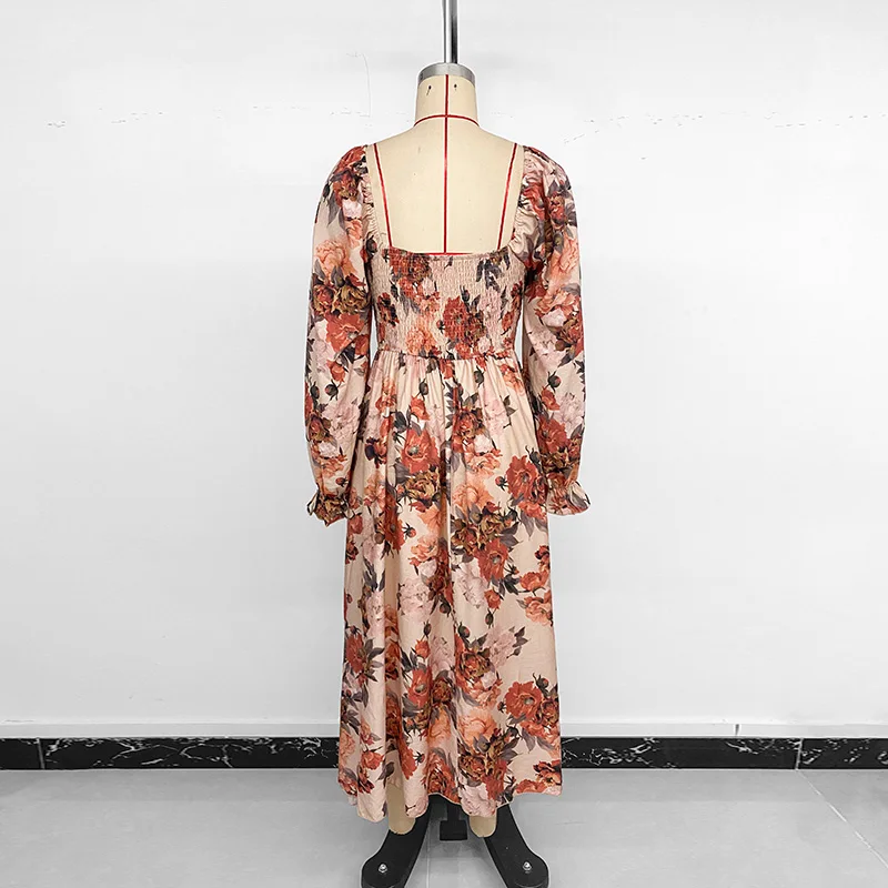 Benuynffy ساحة الرقبة عارية الذراعين عطلة فستان طويل المرأة خمر رومانسية أنيقة طباعة ألف خط فساتين طويلة الأكمام 2025 الخريف #6