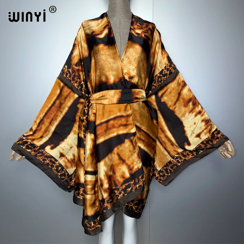 

WINYI 2026: Пляжный кимоно-кардиган для женщин, накидка на купальник, бохо-кардиган с поясом, длинный рукав, для отпуска, кафтан