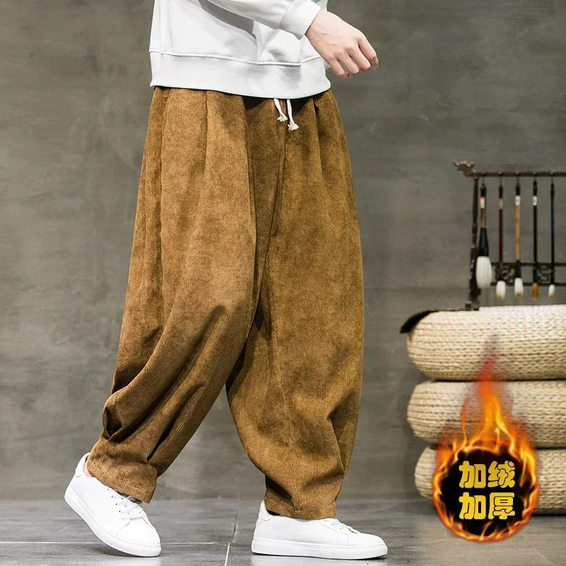 Winter Corduroy Pants Men\'s New Fashion Solid Color Fleece Thickened Oversized Harem Sweatpants Winter Women\'s Warm Casual Pants