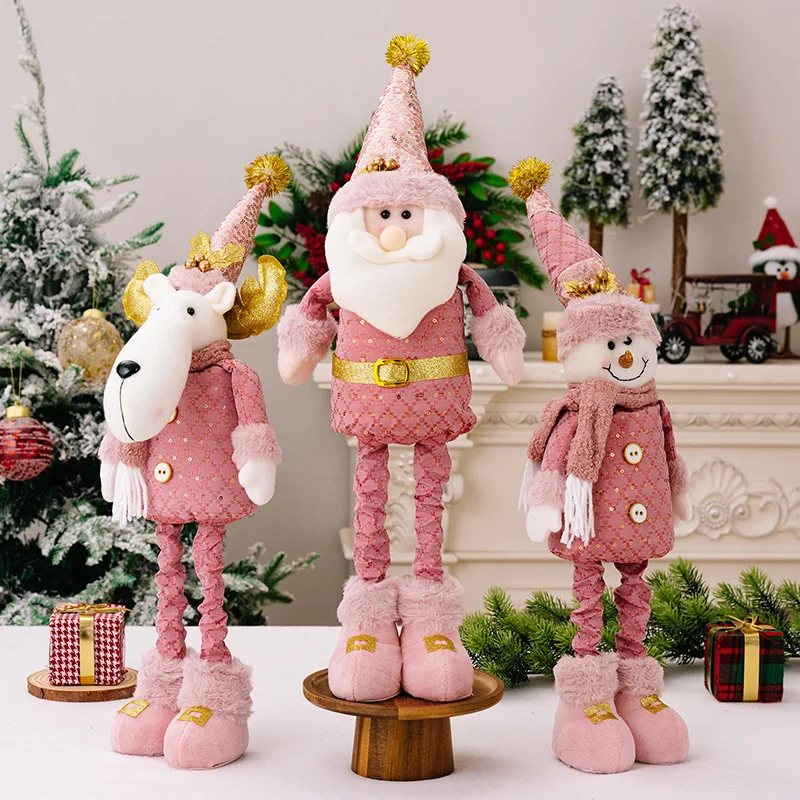 Pink Santa Claus Snowman Reindeer Christmas Dolls Big Size Telescopic Plush Toys Christmas Home Ornaments Xmas Tree Decorations