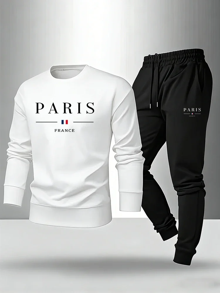 

Male Fashion O-neck Hoodie Suit Single Sweatshirt or Pants Paris Print Men's Set Pullover & Sweatpants Autumn Casual Warm Outfit