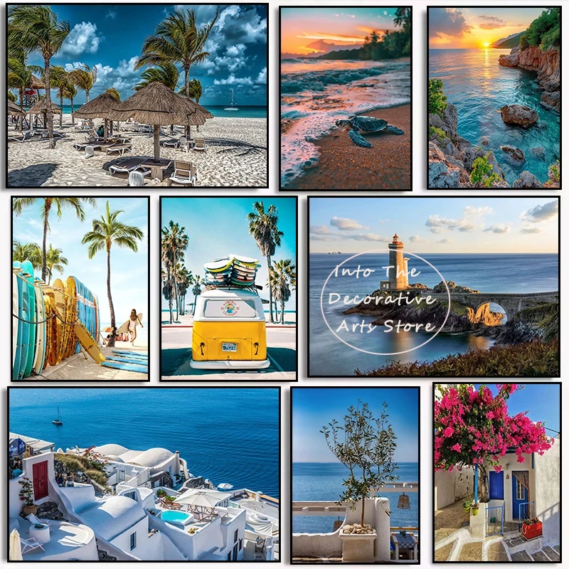 Summer Sunshine Beach Surf Palm Trees Sea ViewPosters Prints Canvas Painting Wall Art Picture Living Room Home Decor