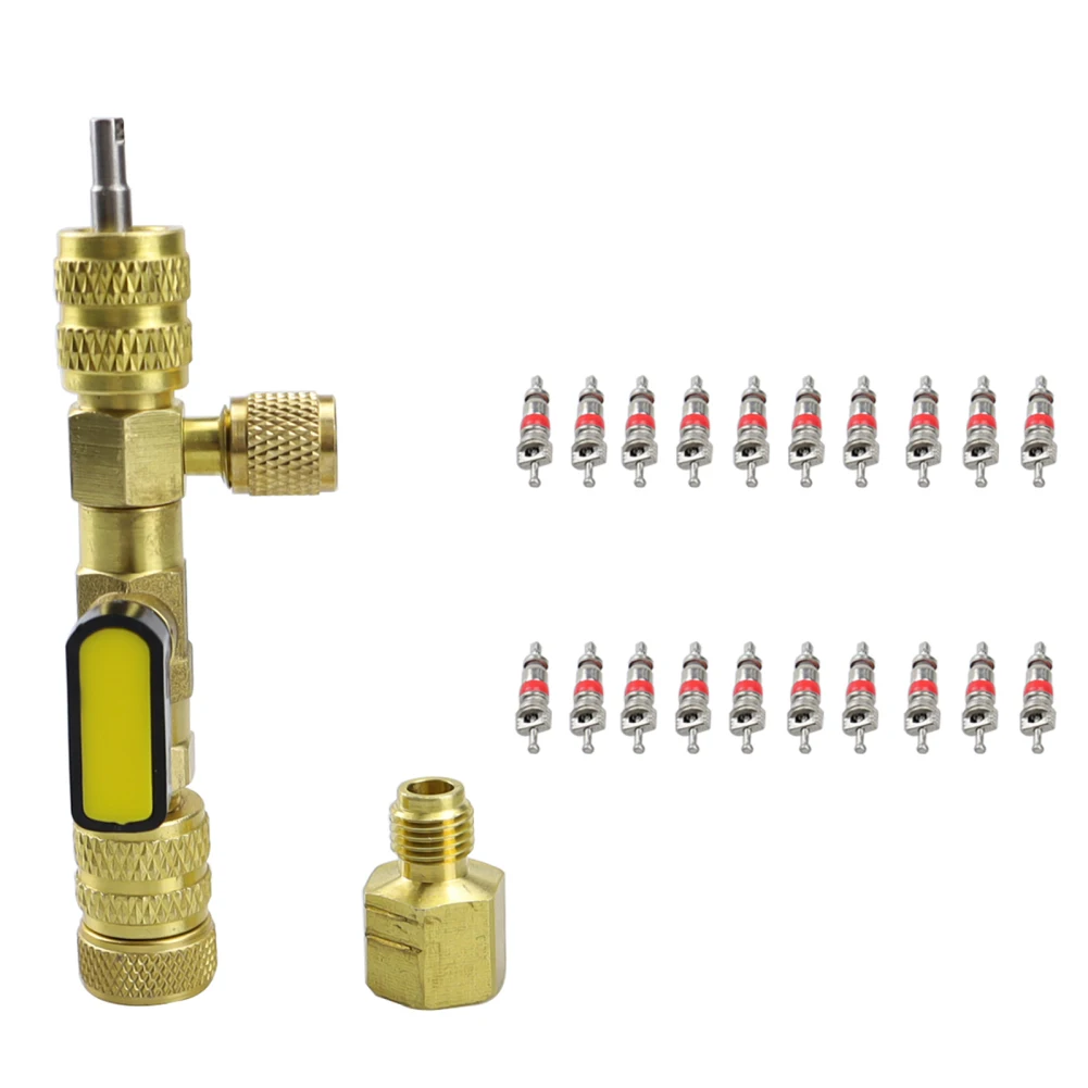 Valve Core Remover/Installer With Dual Size SAE 1/4 5/16 Port Air Conditioning Line Repair Tools With 20 Valve Cores