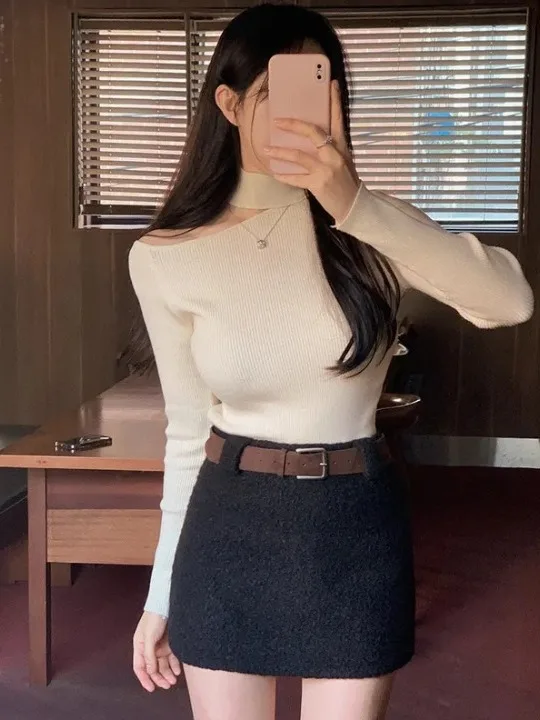 Jupe Chic en laine taille haute pour femme, jupe trapèze, amincissante, vêtements décontractés coréens, automne hiver