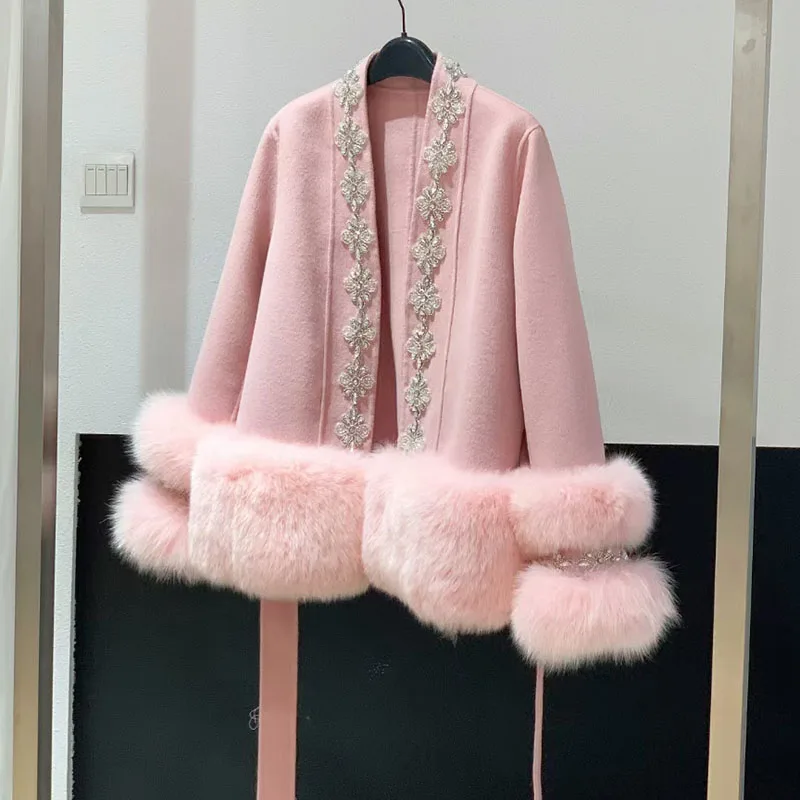 2023 Women Wool Coat With Real Fox Fur Fashion Thick Natural Fox Fur Coat Female Fashion Winter Jacket Outwear With Belt