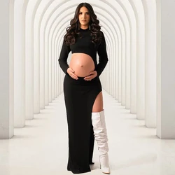 Maternity Photography Dresses Long Sleeve Mock Neck Side Split Showing Belly Pregnant Sexy Gown For Photoshoot Baby Shower