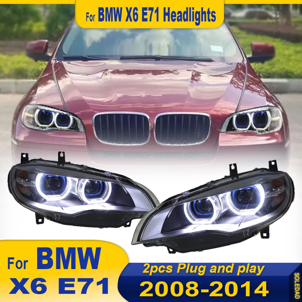 2PC Head Lamp for BMW X6 Headlight 2007-2013 E71 LED Frontlight Projector Angel Eye DRL Signal Assembly Upgrade Auto Accessories