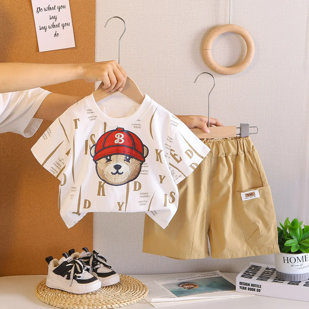 Toddler Boys Summer Outfit Kids Cute Bear Print Short Sleeve T-shirt and Shorts Two Piece Set Children Casual Fashion Clothes