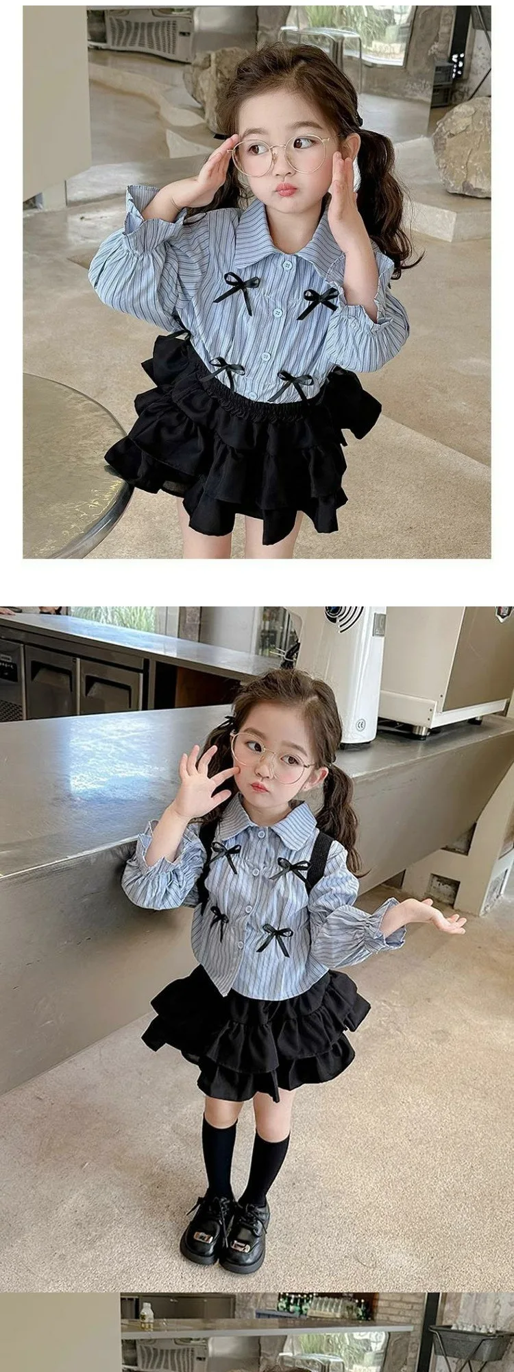 Baby-Mädchen-Kleid mit Schleife, Herbst-Outfit, Kinder-Langarmhemd mit Streifenmuster und Reverskragen + mehrlagiger Rüschenrock, 2-teiliges Set, lässige Prinzessinnenkleidung für Kleinkinder. – Detail 1