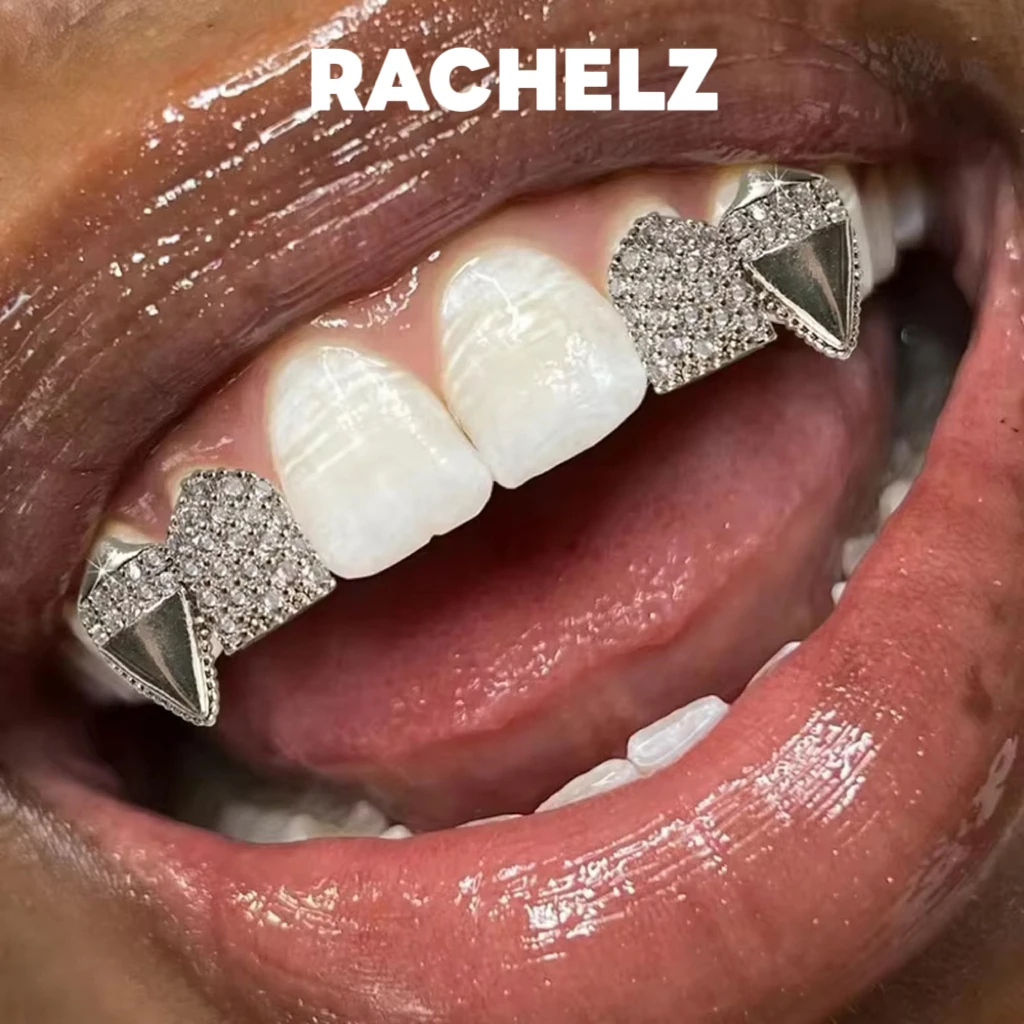 RACHELZ Double Vampire Fangs Zircon Teeth Grillz Hip Hop Glossy Tooth Caps For Unisex Jewelry Party Gift Wearable Dental Grills