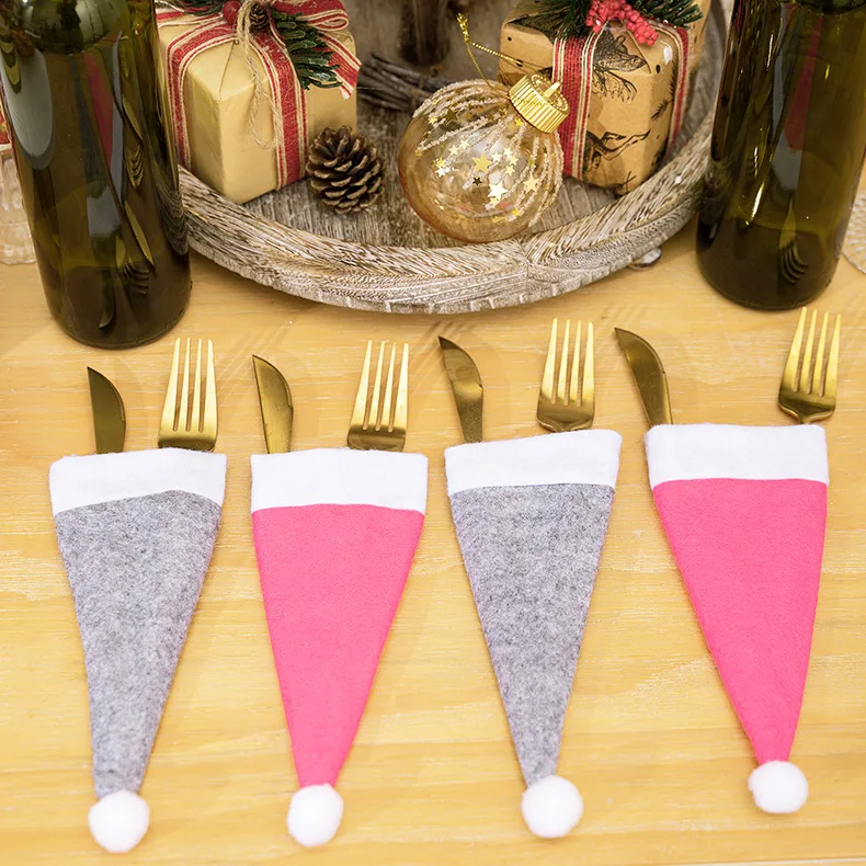 

10pcs Christmas Hat Gray And Fork Set Wine Bottle Hat Decoration Home Tableware Christmas Party Decoration Christmas Supplies