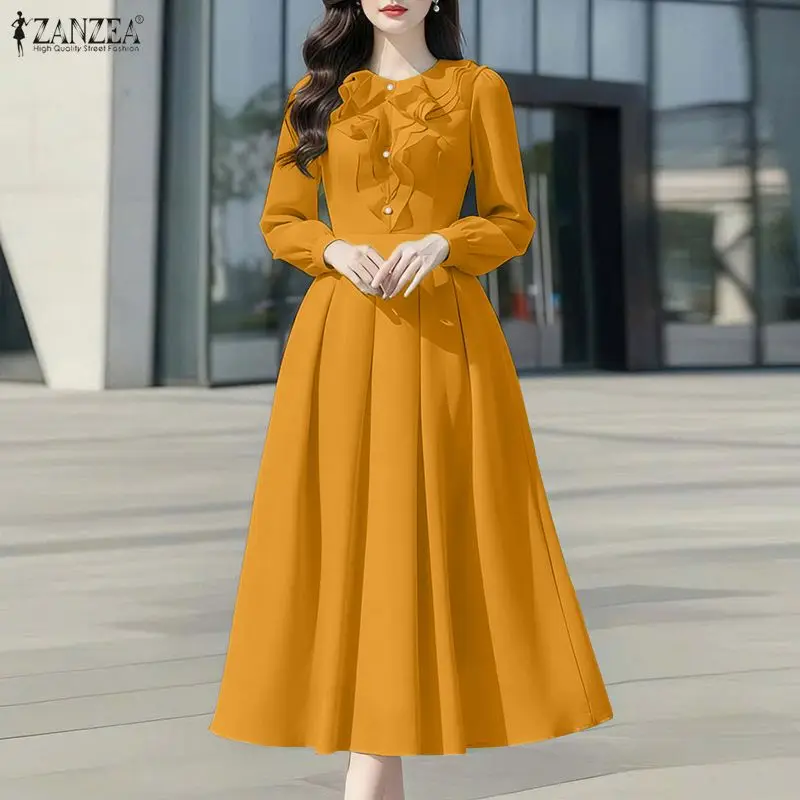 ZANZEA Midi-Kleider Sommer Frühling Damenkleid Lässiges Langarm-Sommerkleid Einfarbig Locker O-Ausschnitt Party-Kleider