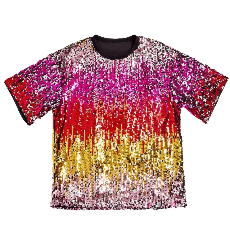 2025 Summer Fashion Multi-color Sequin Short Sleeve T-shirt for Women, Urban Individuality Trendy Shiny Women's Stage Costume