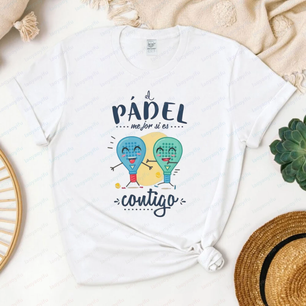 Cute Cartoon Padel Racket Design Women's T-Shirt Summer Sport Leisure Wear Fashion Casual Tops Outdoor Activities And Beach Days