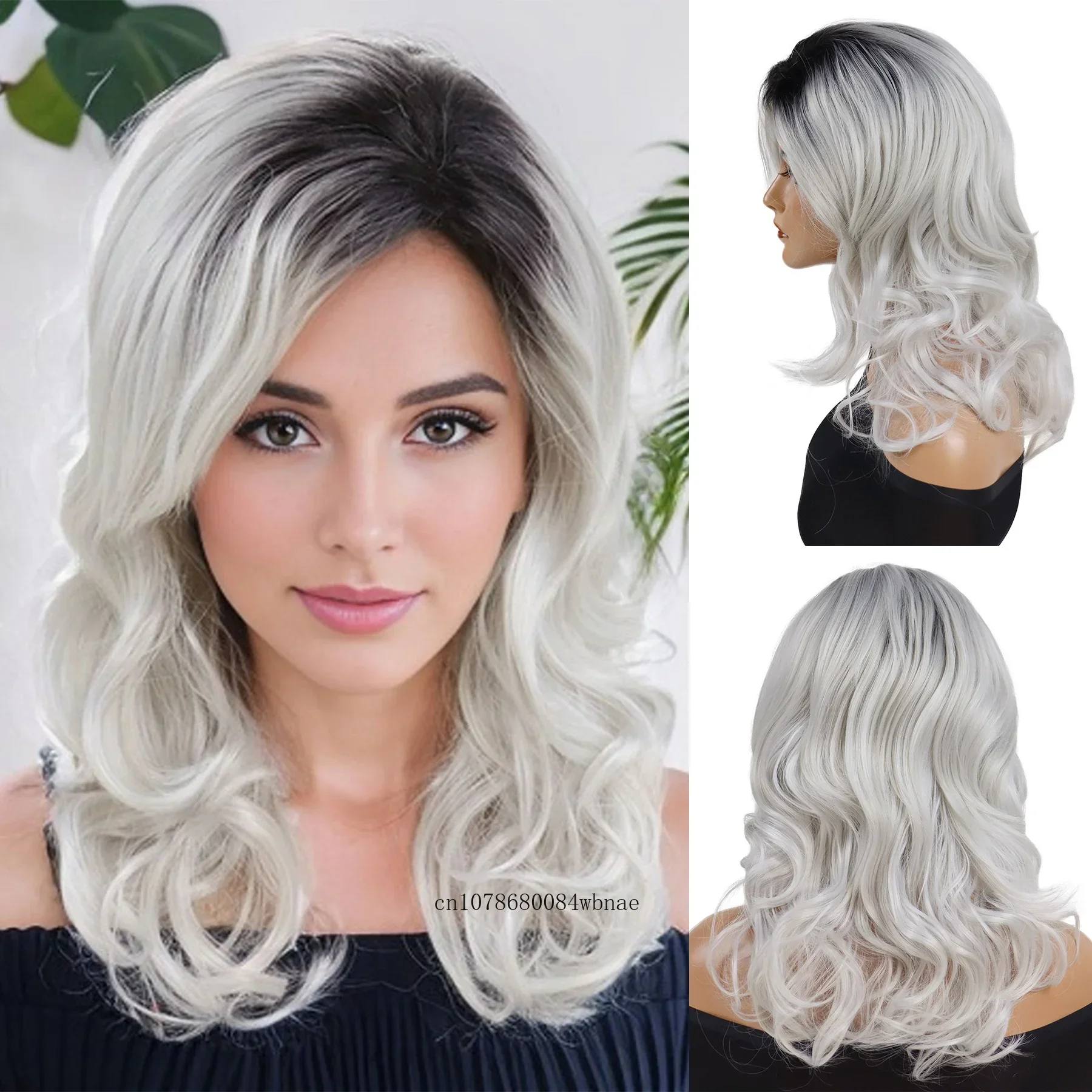 

Womens Girls Fashion Style Synthetic Hair Medium Curly Wavy Wigs for Lady Dark Root Ombre Silver Grey Wig Daily Party Costume