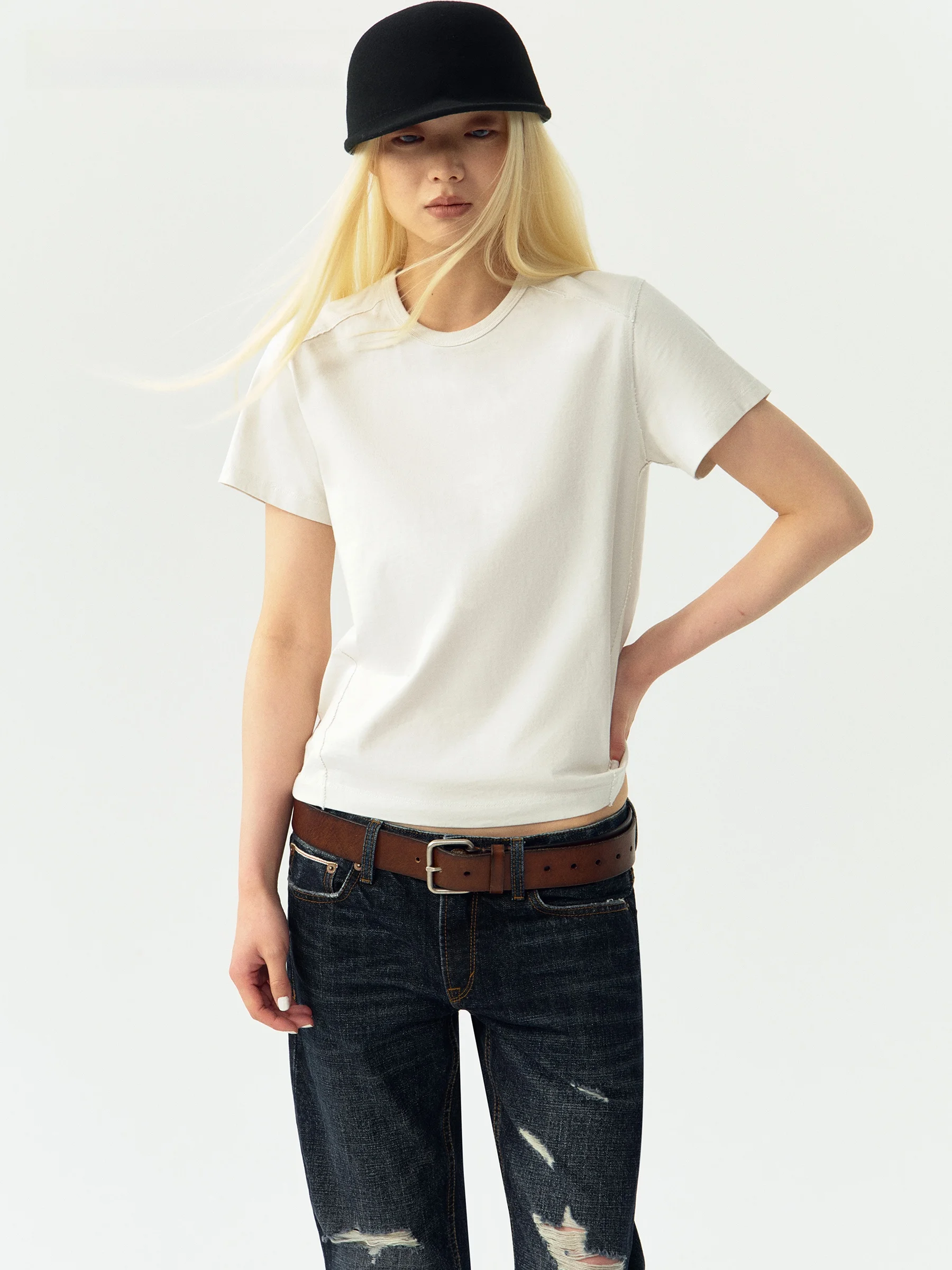 VERMO Retro Colored Spun Pure Cotton Yarn round Neck Short Sleeve T-Shirt Women's Casual Style Straight Cut Chinese Made