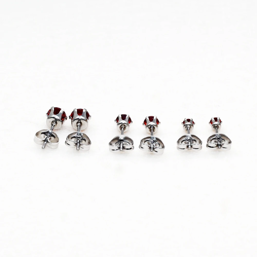 Stainless Steel  Stud Earrings Classical AAA Garnet Zircons Push Up For Men Women 3MM 4MM 5MM For Choose