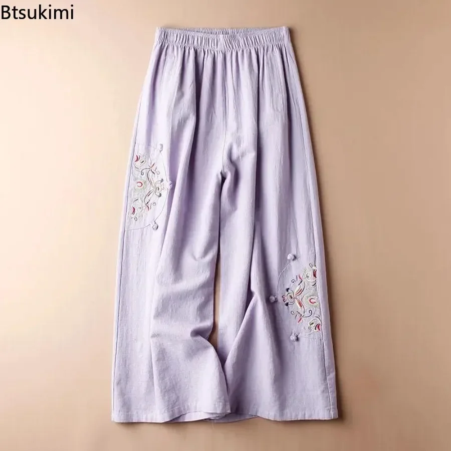 2024 delle Donne di Estate di Cotone e Lino Sottile Pantalones Madre Pant Ricamo Retro Pantaloni Dritti Oversize 6xl Pantaloni a Gamba Larga