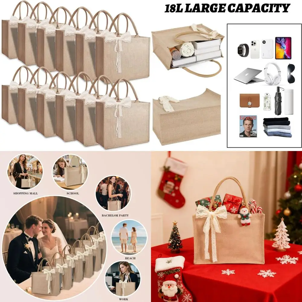 مجموعة من 12 كيسًا من الخيش المقاوم للماء مع مقابض، وحقائب بقالة قابلة لإعادة الاستخدام، 15.35 × 6 × 12 بوصة، مثالية للنساء، وصيفات العروس، Beac