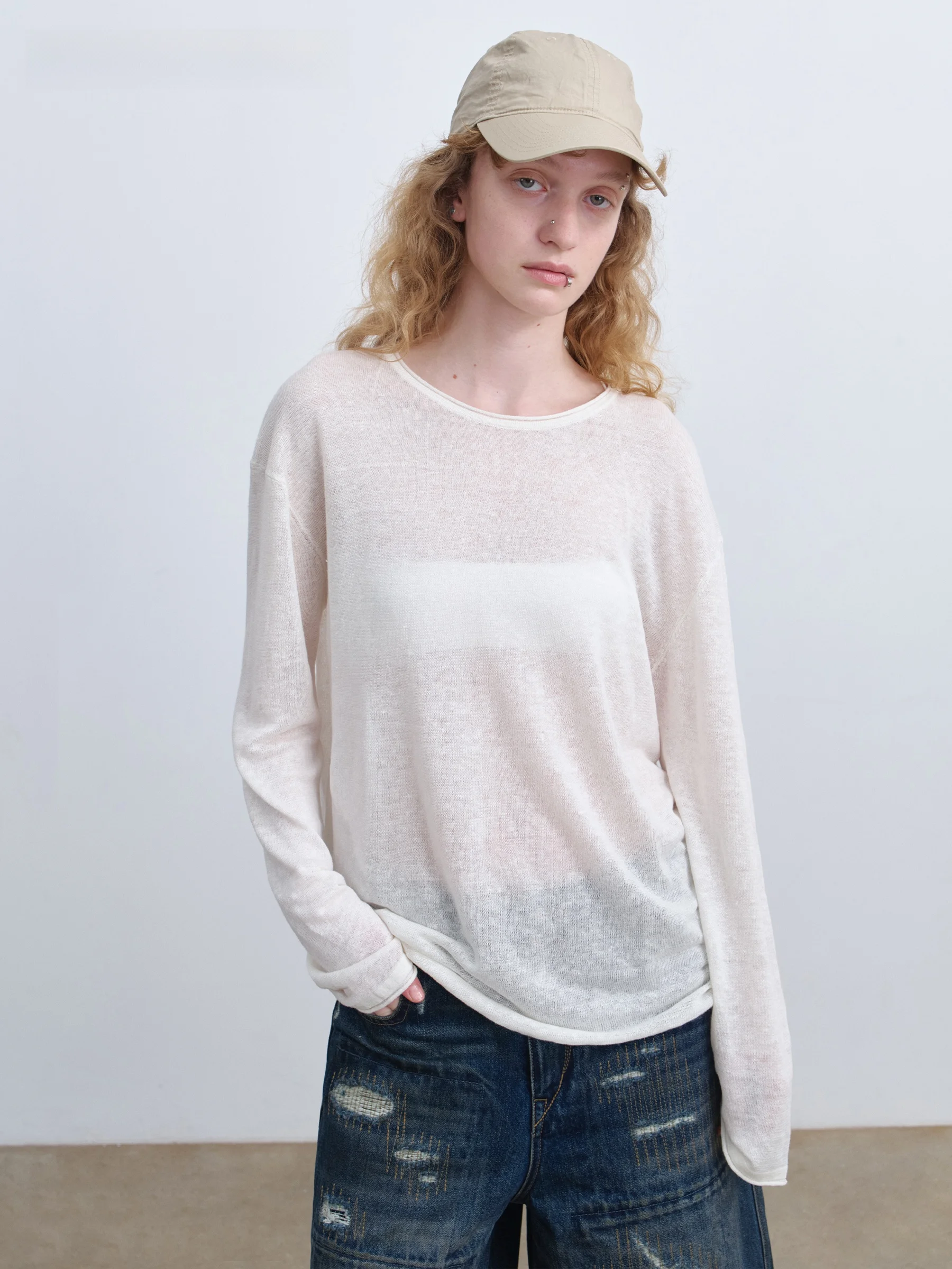 

VERMO Premium Basic Style Lightweight Breathable Pure Linen Knitted Long Sleeve Summer Cover up Casual Loose Fit Women's Top