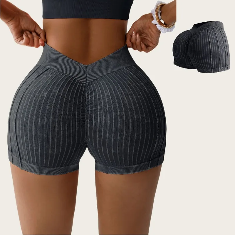 Shorts de Yoga de Cintura Alta para Mujer, Sin Costuras, Acanalados, con Espalda en V, Efecto Levanta Glúteos, Alta Elasticidad, Lavados, para Gimnasio, Entrenamiento, Running, Fitness y Deportes