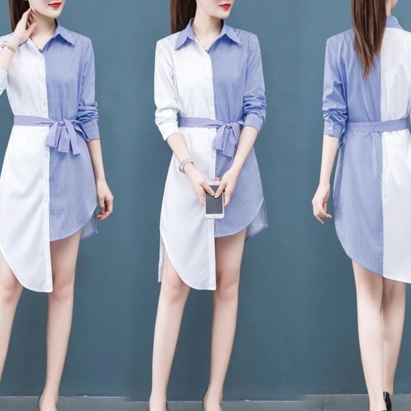 Spring Autumn Irregular Design Feeling Impossible Dresses for Women's Korean Edition Waist Waist Slimming Spliced Strip JJ7