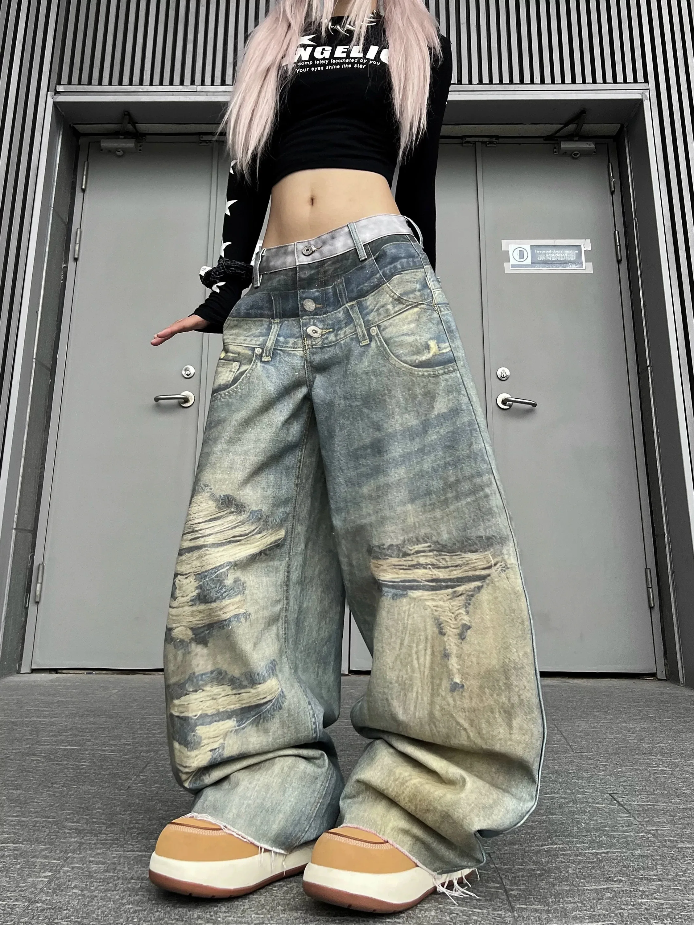3D Digital Print Wide Leg Knife  Denim Jeans Men's Women's Autumn American Street Style Vintage High Waist Jeans