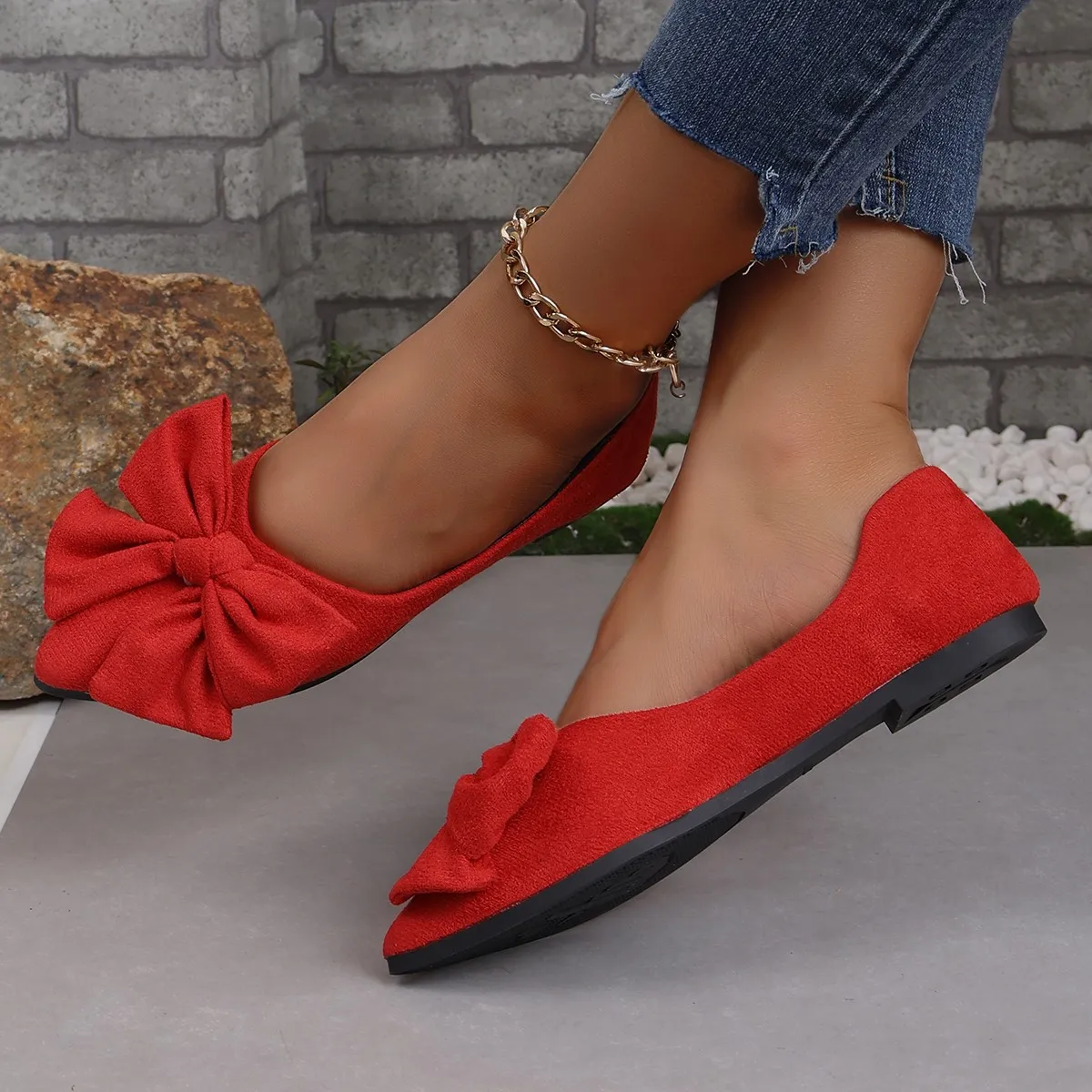 Red Bow Casual Shoes Women's 2024New Spring Fashion Lightweight Pointed Flat Shoes Outdoor Street Casual Shoes Non-slip Vacation