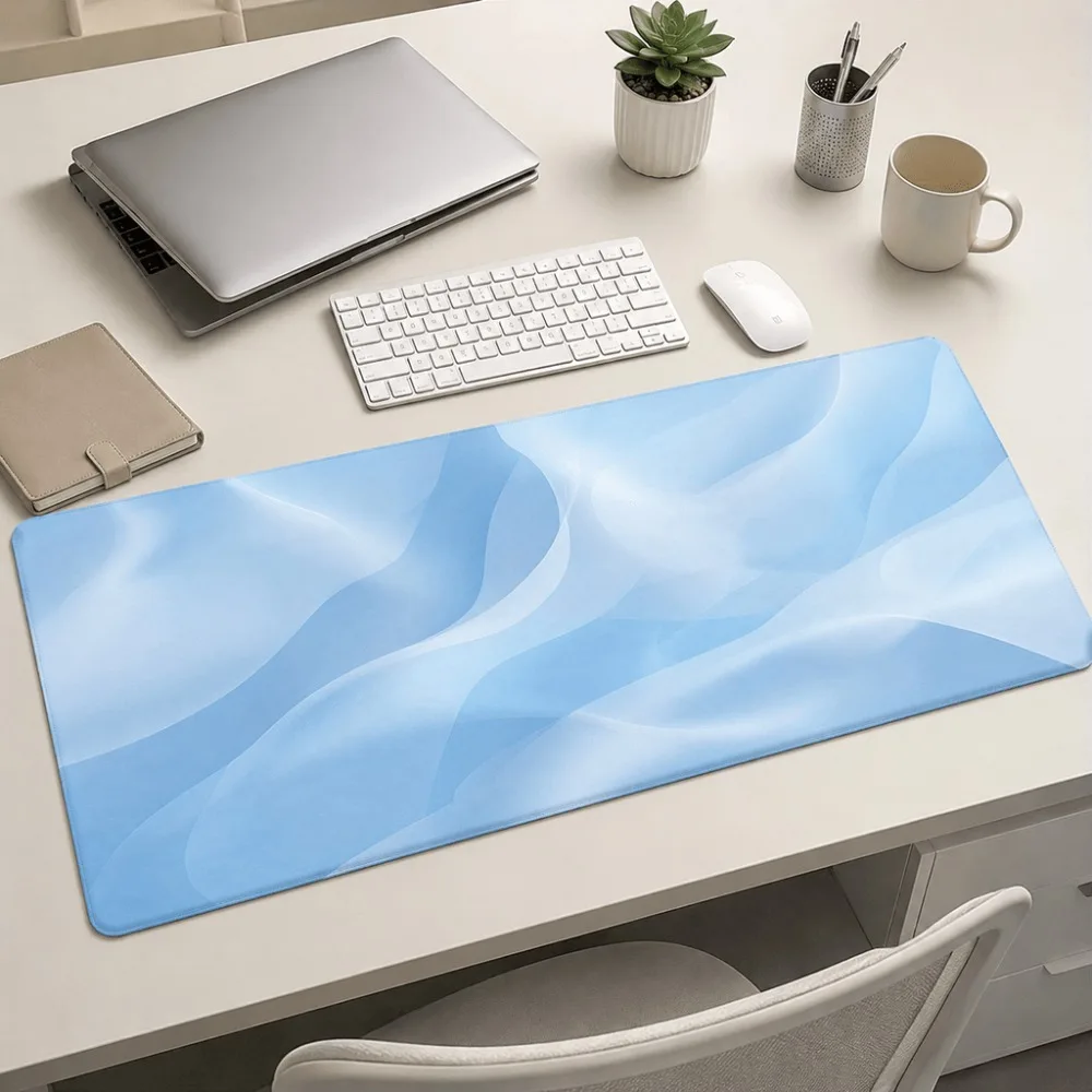 Abstract blue wave-printed table mat is suitable for the office. Its smooth surface is ideal for a simple desktop setup