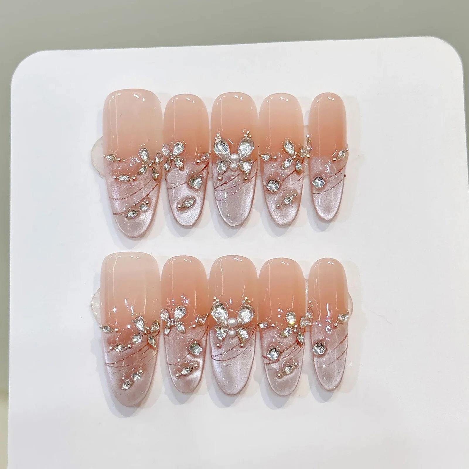 10pcs Handmade Press On Nails 3D Zircon Diamond Butterfly False Nails Decor Almond Wearable Cat's Eye Light Luxury Fake Nail Tip