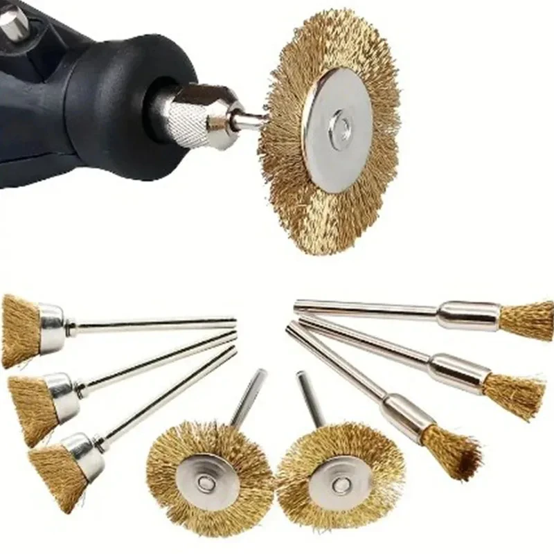 9-teiliges Set Stahlbürsten und Messingbürsten für Drehwerkzeuge, Elektrische Dremel-Bohrmaschinen, Polier- und Schleifscheiben, T-förmige Bürsten-Zubehörteile – Detail 2