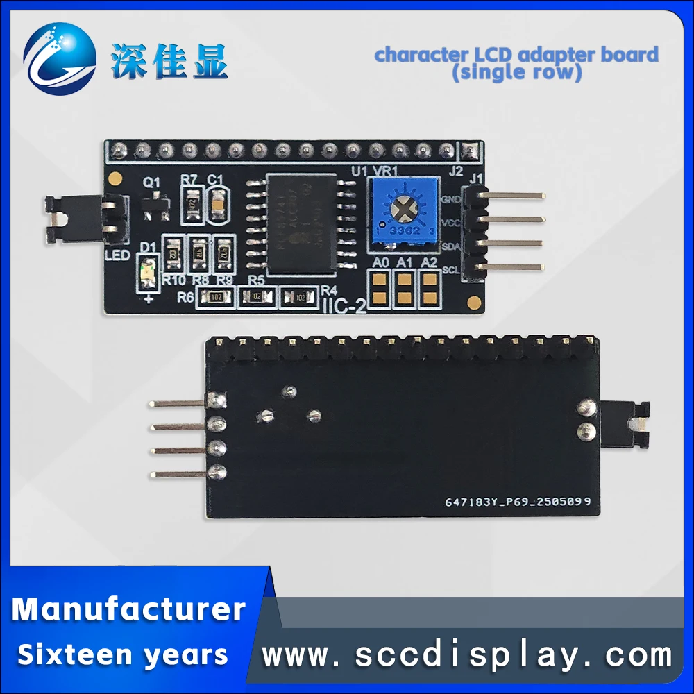 

Manufacturer wholesale sales LCD1602 adapter board IIC/I2C interface PCF8574T single row 16 pin LCD with adjustable contrast